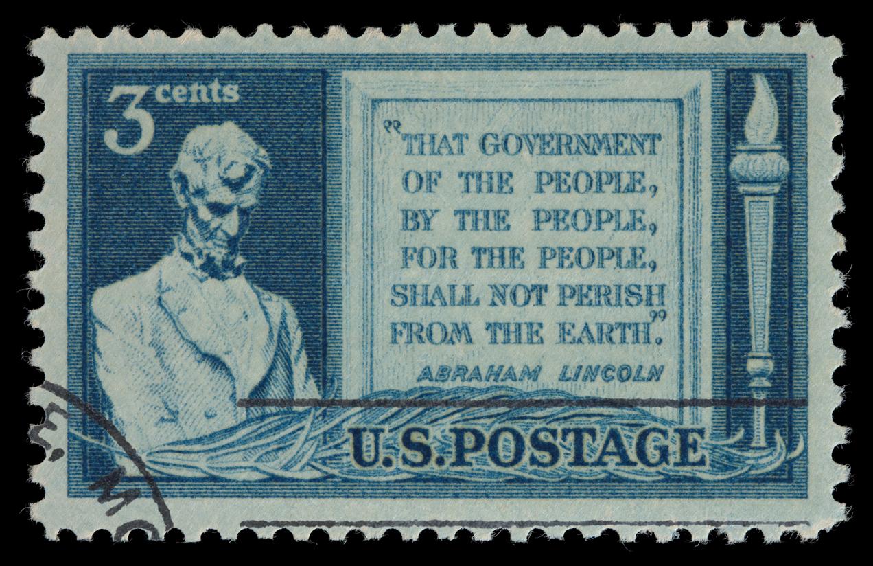 A vintage United States postage stamp commemorating Lincoln's Gettysburg Address
