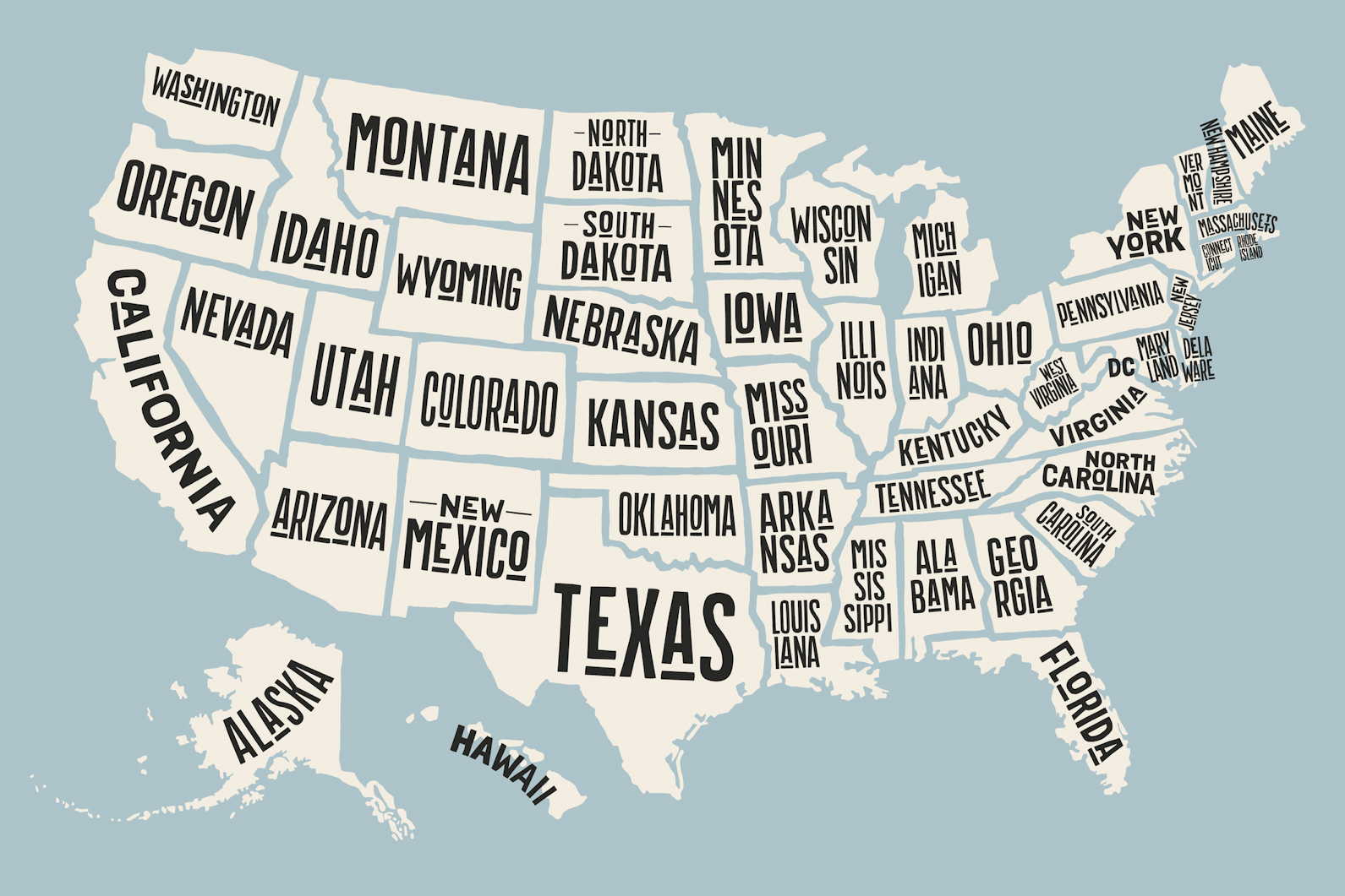 Poster map of United States of America with state names